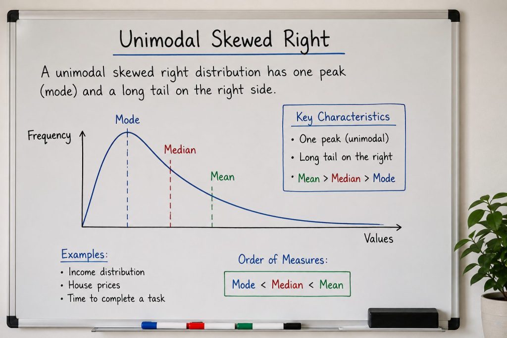 ALT text for Unimodal Skewed Right whiteboard diagram illustrating a right-skewed statistical distribution with mode, median, and mean.