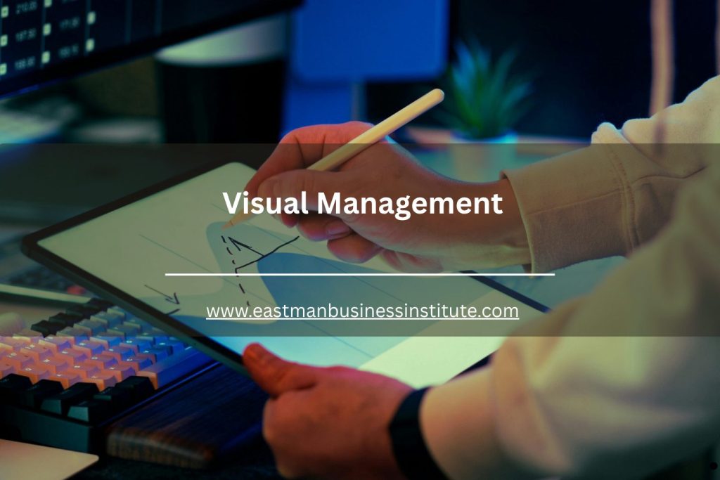 Visual management training illustration featuring digital process tracking and performance visualization tools on a tablet display.