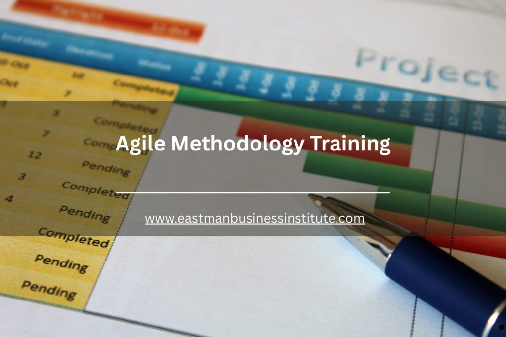 Close-up of an agile project tracking sheet with progress bars and a pen representing agile methodology training and project management.