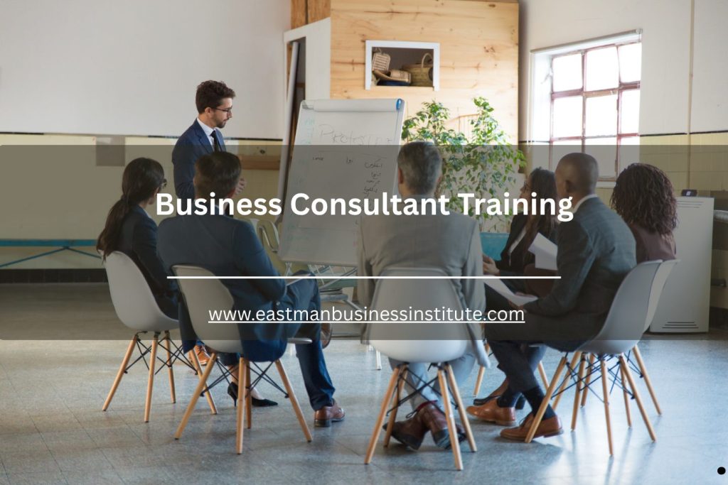 Business consultant leading a corporate training workshop with professionals in a seminar room.