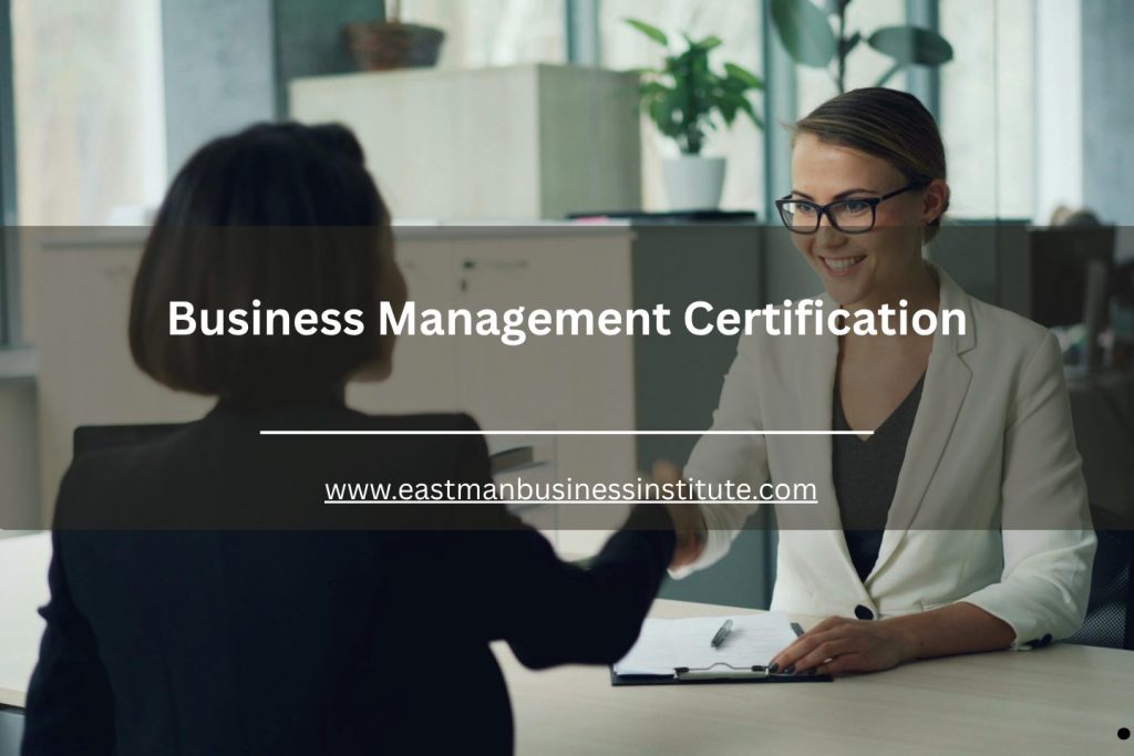 Business professional shaking hands with a client during a meeting, representing certification and career advancement