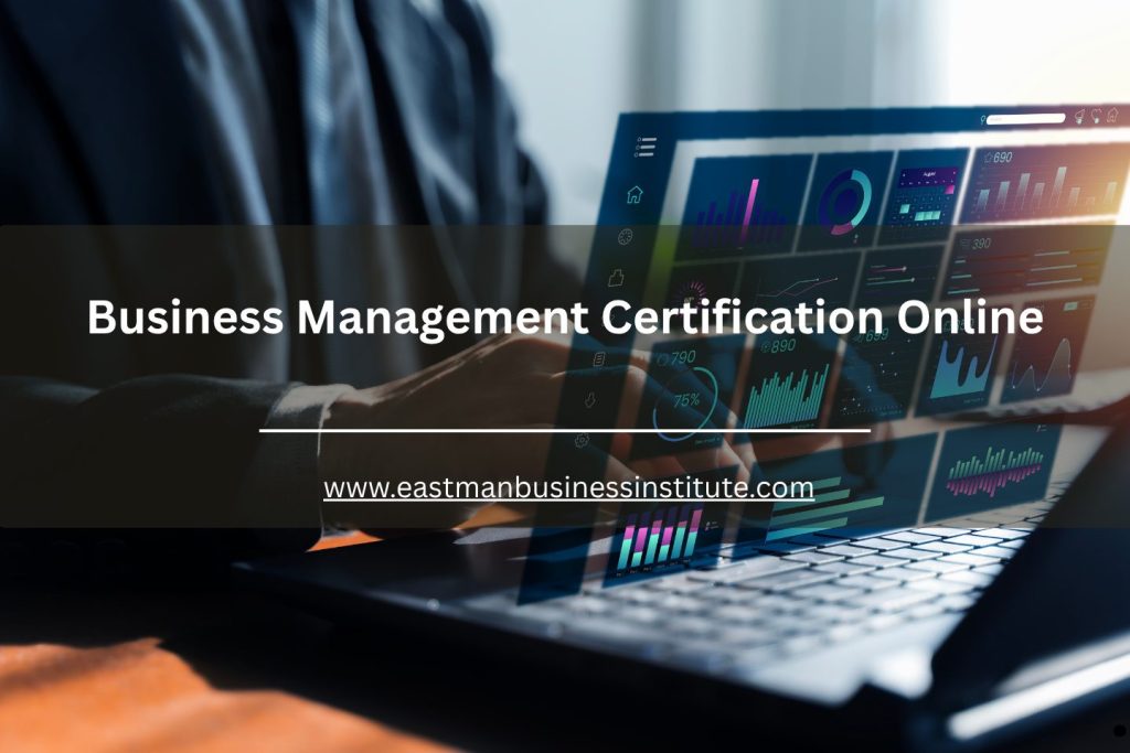 Business professional using a laptop with analytics dashboard, representing online business management certification