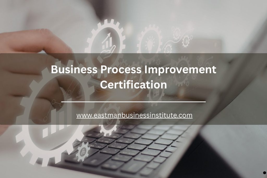 Laptop screen displaying business process improvement certification with digital gears and analytics overlay