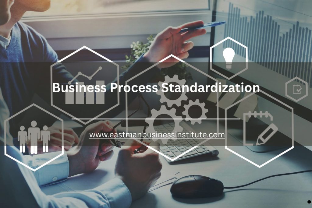 Business professional analyzing data at a computer with icons representing process standardization and workflow optimization