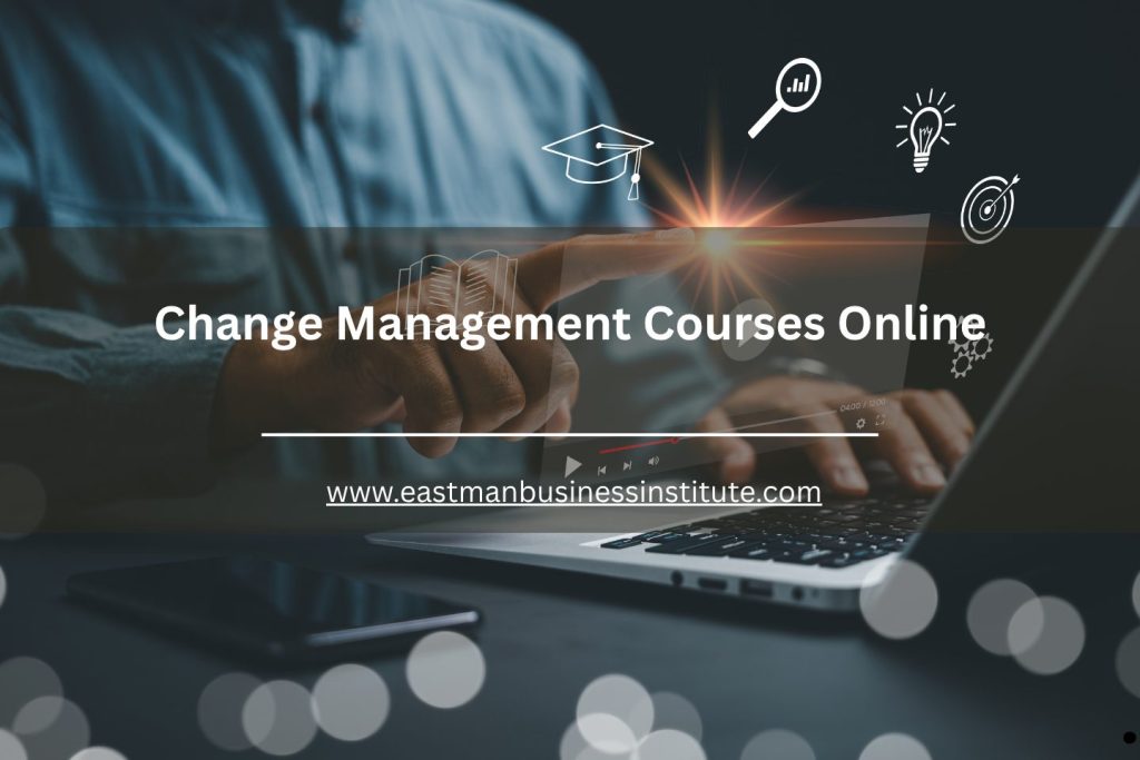 Digital-themed image showing online change management course concepts with icons and a person using a laptop.