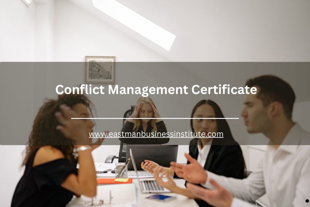 Office team participating in a conflict resolution meeting as part of a conflict management certificate training program.