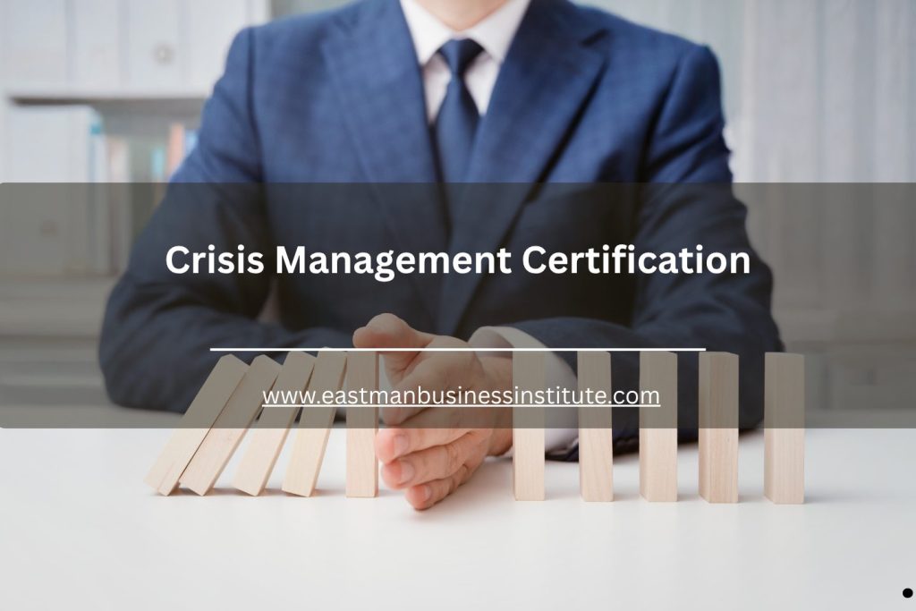 Business leader preventing falling domino blocks to symbolize risk mitigation and crisis management certification training.