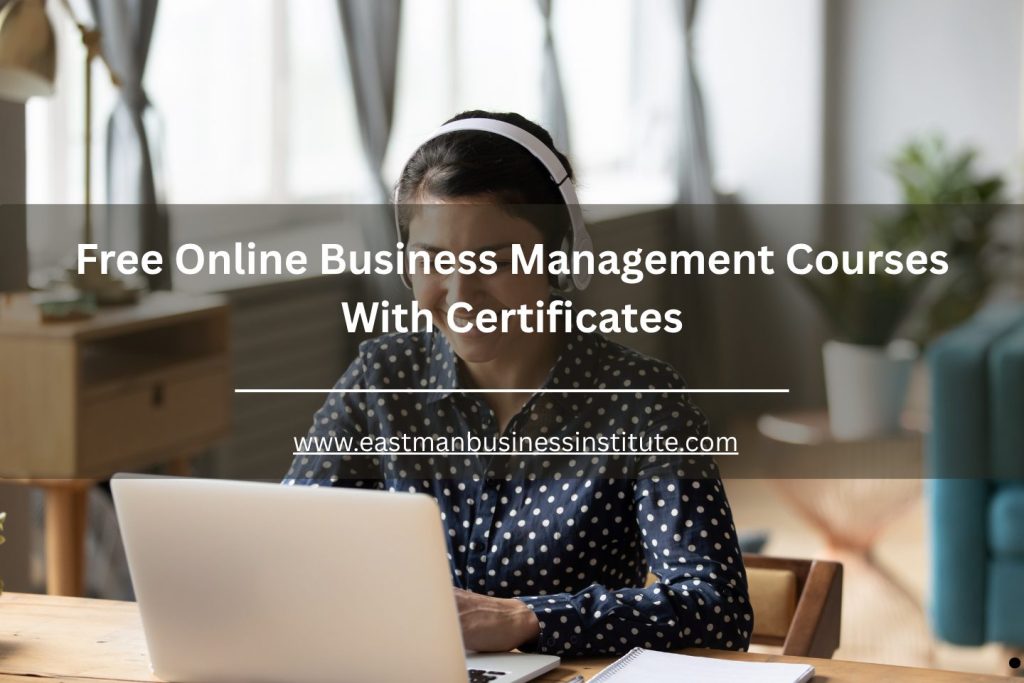 Woman wearing headphones using a laptop for online learning, representing free business management courses with certificates.