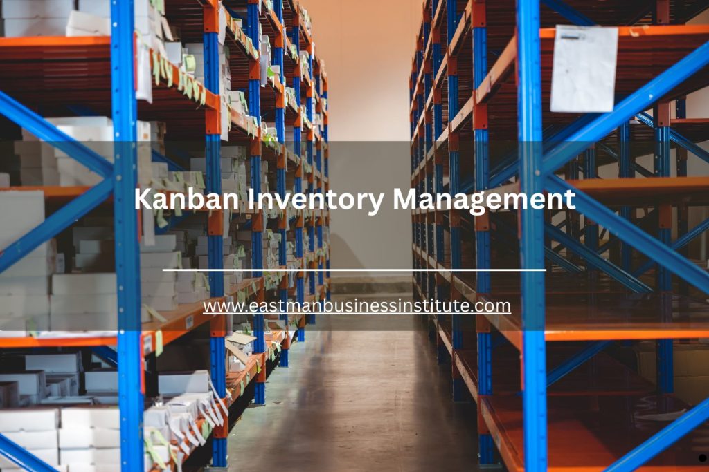 Warehouse shelves stocked with products illustrating kanban inventory management and organized stock flow.