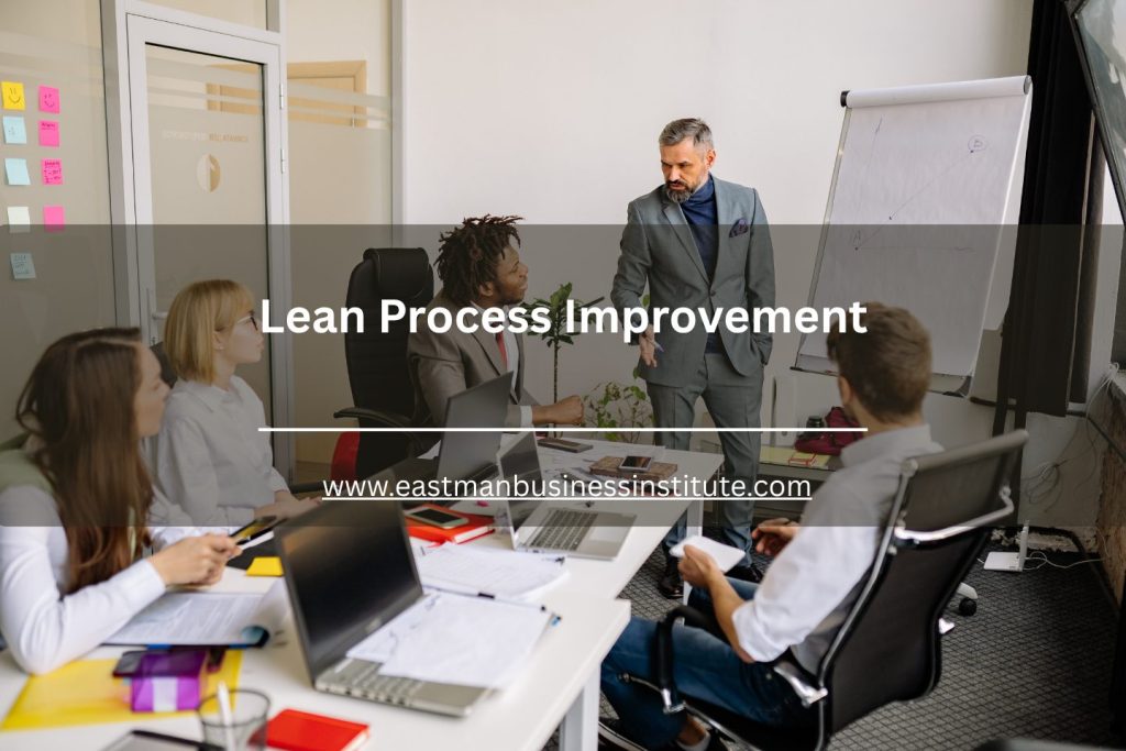Office team attending a presentation with text overlay reading Lean Process Improvement.