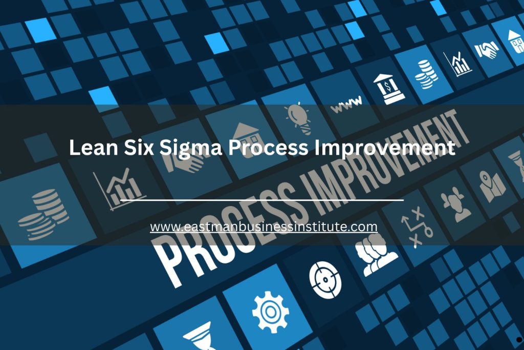Lean Six Sigma process improvement concept graphic with business icons representing efficiency, quality, and growth.