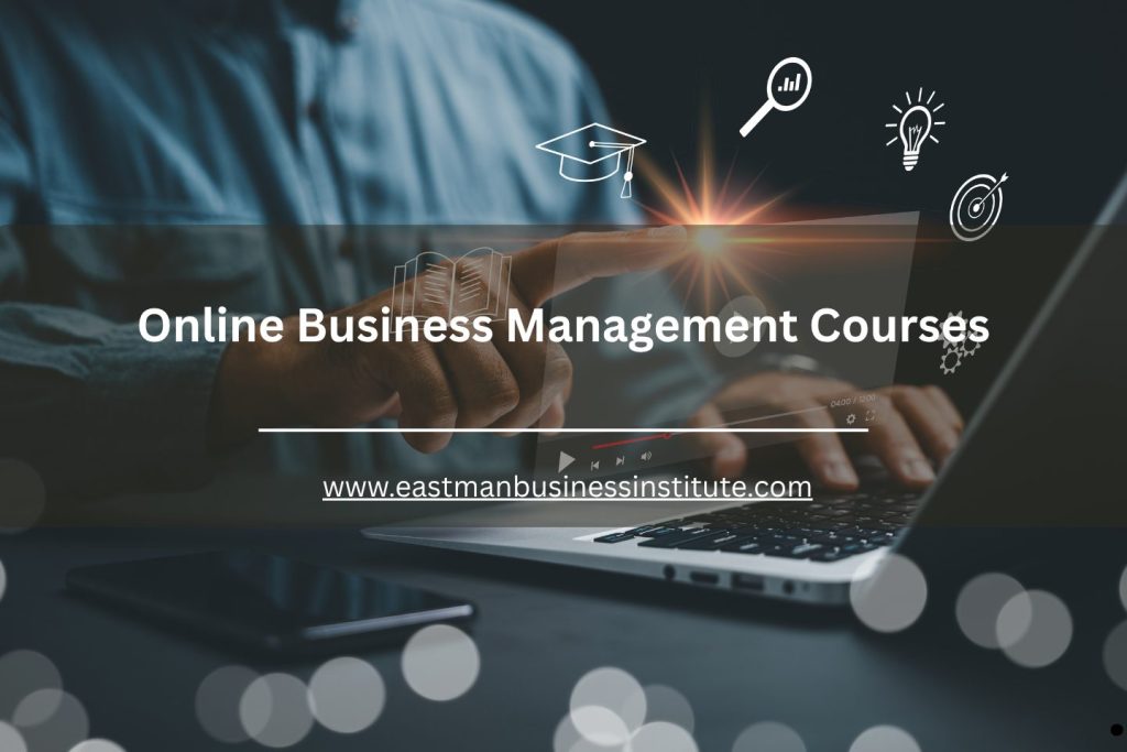 Close-up of a person using a laptop with digital icons, symbolizing online business management courses and e-learning technology.