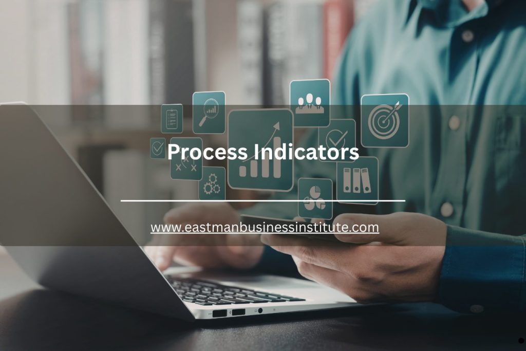 Professional using a laptop and smartphone with overlay icons illustrating process indicators and performance tracking.