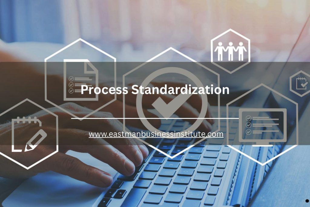 Digital interface overlay showing process standardization concepts on a laptop keyboard background.