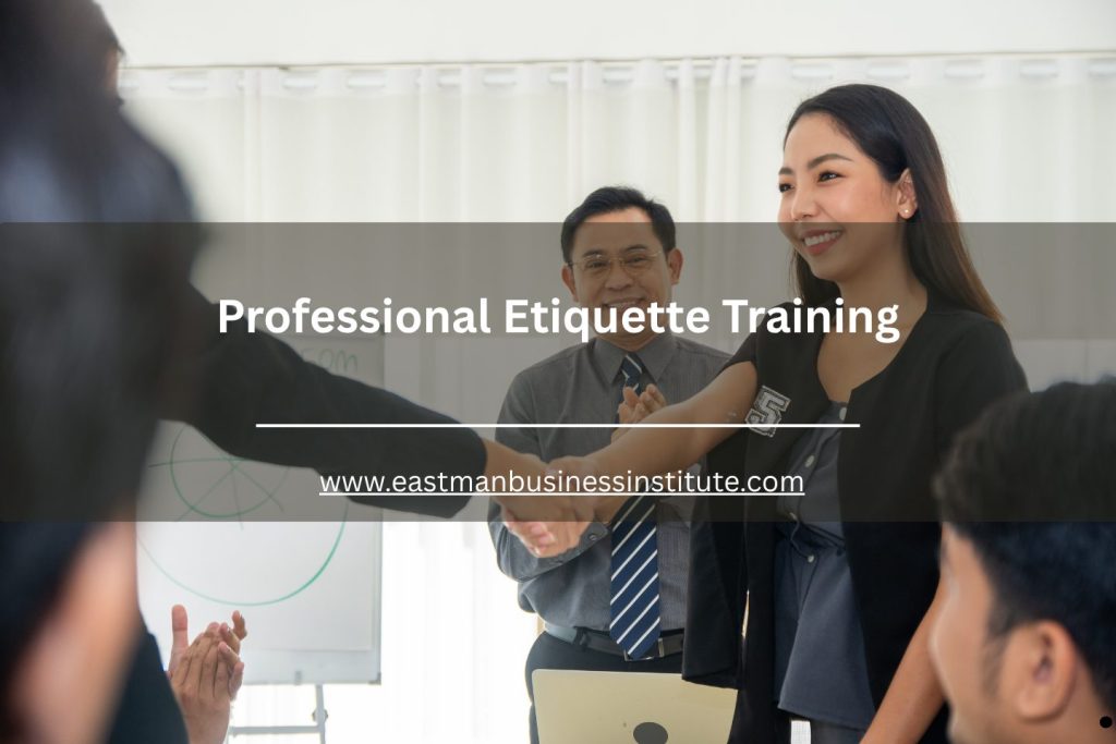 Corporate training session on professional etiquette featuring a handshake demonstration and audience engagement