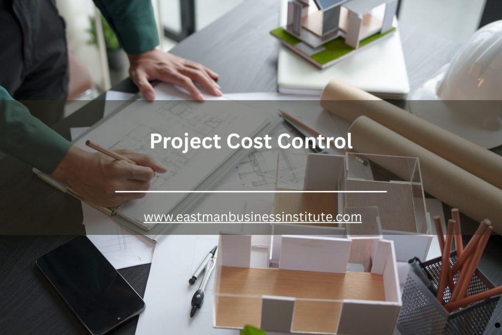 Project cost control infographic showing construction plans, house model, and budgeting workspace setup.
