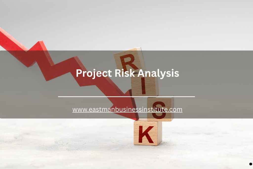 Concept illustration of project risk analysis with falling graph arrow and stacked wooden blocks spelling “RISK.”