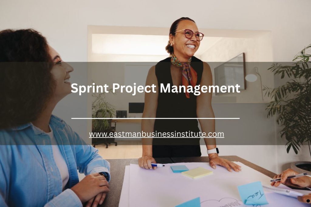 Team leader guiding a sprint project management session with sticky notes and planning materials.